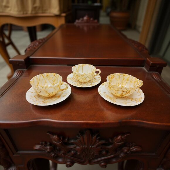 Vintage Hazel Atlas Spagetti Splatter Marbled Milk Glass Tea Cup & Saucer Set Of - Picture 4 of 11